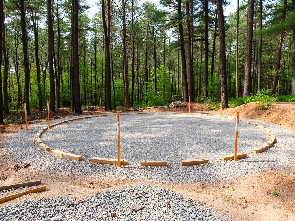 Plateforme de gravier nivelée et piquetée sur un terrain boisé